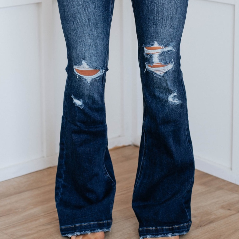 KanCan Dark Wash Distressed Flare Jeans - Picture 6 of 10